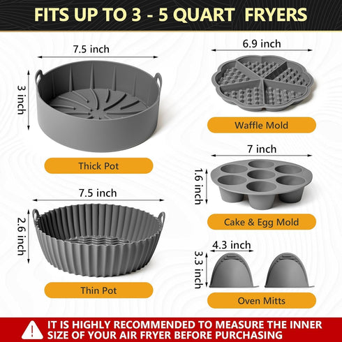 EM 5-Pack Air Fryer Silicone Liners - Include Silicone Mitts, Egg Bites Tray, Waffle Mold, Silicone Cupcake Liners, Pot - Compatible with 3-5 Quart Air Fryers - Reusable, Food-Grade, Dishwasher-Safe