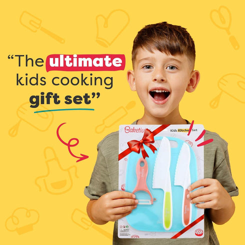 Baketivity Kid Safe Plastic Knives for Real Cooking - Knife Set with Cutting Board, Peeler, Blunt Tip