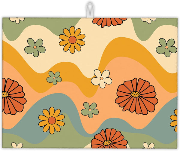 Retro 70s Dish Drying Rack Mats, 18x24 Inch Absorbent Microfiber Kitchen Counter Pad, Daisy Floral Design for Coffee Bar