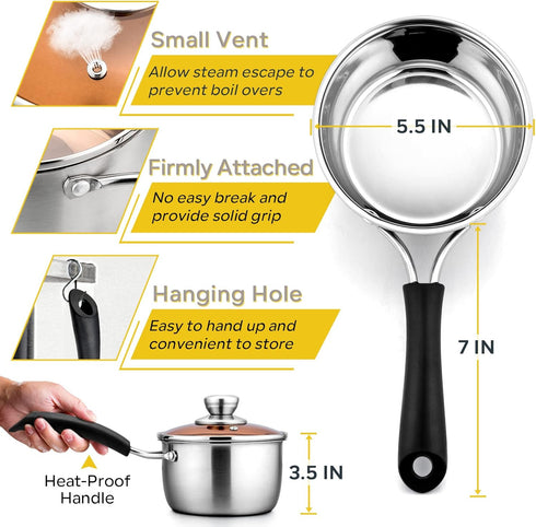 E-far 1 Quart Saucepan with Lid, Stainless Steel Small Sauce Pot with Glass Lid for Cooking, Easy Clean & Rust Free, Dishwasher Safe by E-far
