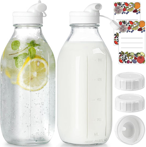 2 Pack Glass Milk Bottle with 2 Dispenser Caps, 100% Airtight Heavy