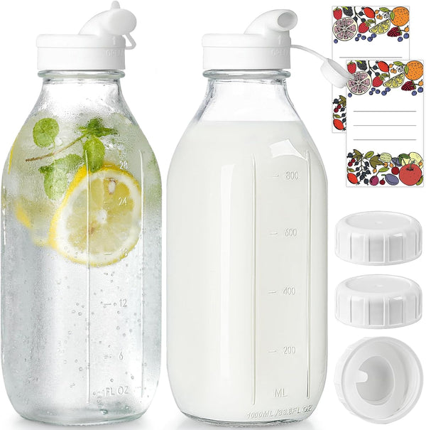 2 Pack Glass Milk Bottle with 2 Dispenser Caps, 100% Airtight Heavy