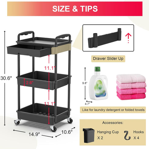 3 2 Goovilla Tier Rolling Utility Cart Organizer with Removable Drawer, Stable and Sturdy Black Rolling Storage Carts