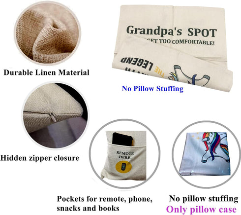 Grandpa Gifts, 2-Pocket Grandpa’s Spot Throw Pillow Covers 18x18 Inch + Engraved Spoon, Gifts for Papa