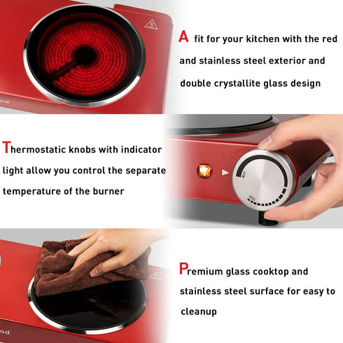 Techwood Single Burner Hot Plate, 1200W Portable Infrared Ceramic Electric Stove with Adjustable Temperature, Red