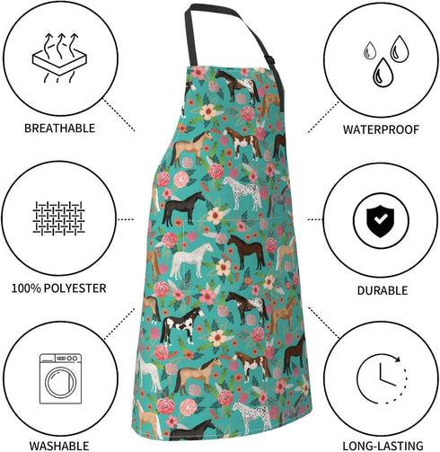 Floral Horse Print Waterproof Apron, Adjustable Neck Bib with 2 Pockets for Cooking Kitchen Gift