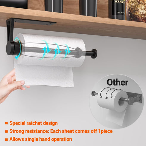 Paper Towel Holder Under Cabinet, Single Hand Operable Wall Mount with Damping Effect, Self-Adhesive or Drilled