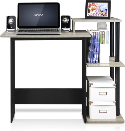 Furinno Efficient Home Laptop Desk with Square Shelves, French Oak Grey/Black Finish