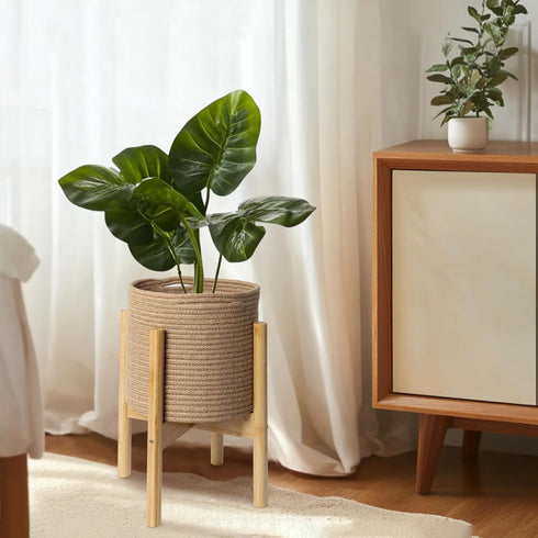 WILLITAT Plant Basket with Stand, Indoor Round Wicker Basket Plant with Bamboo Wood Stand, Decorative Woven Rope Flower