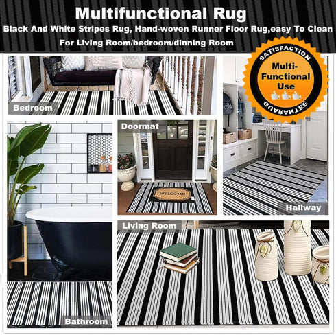 Cotton Black and White Striped Rug (27.5 x 43 Inches), Washable Outdoor Hand-Woven Reversible Stripe Rug