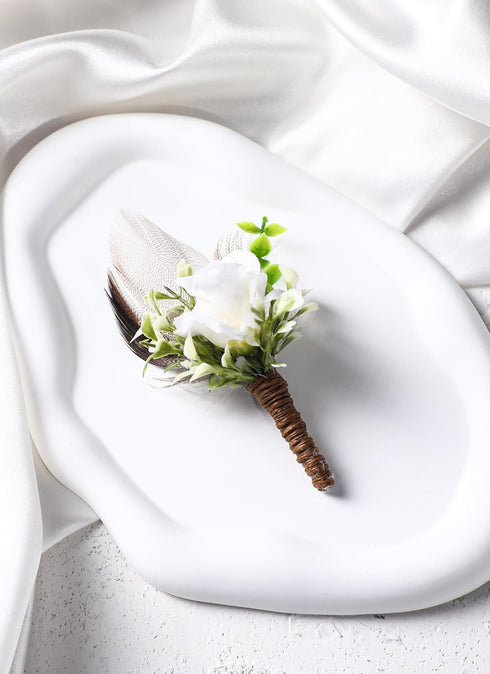 Rose Boutonniere for Men Wedding, Handmade White Corsage Feather Boutonniere for Formal Dinner Party Ceremony