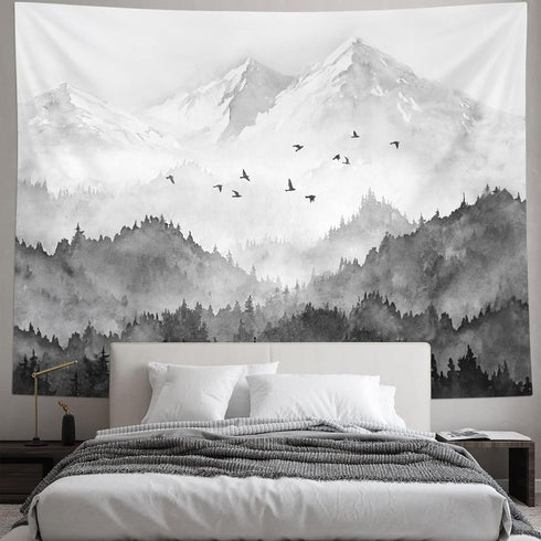 kampdream Mountain Forest Tapestry, Misty Foggy Black and White Tree Landscape Watercolor Art Wall Tapestries for