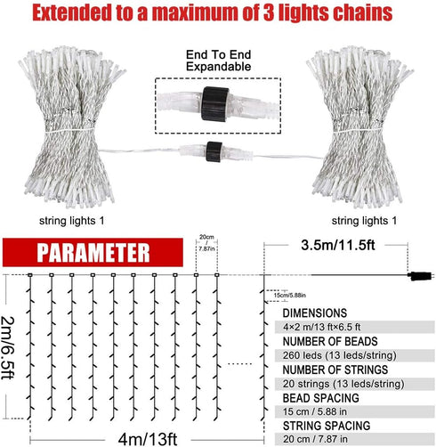 Lights,13ftx6.5ft 30V 8 HEYFUNi Curtain Safety Window Curtain Icicle String Lights Modes for Christmas Wedding Party