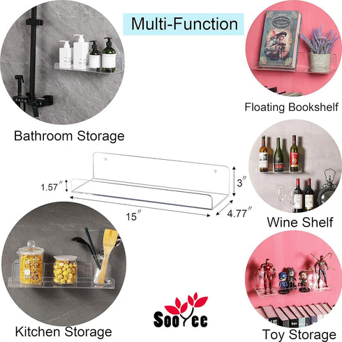 Shelves,6 Pack 15 Inch Sooyee Acrylic Floating Wall Shelves, Funko Pop Display Shelf,Invisible Kids Book Shelf,Picture