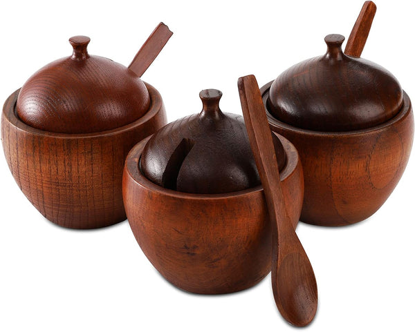 DEAYOU 3 Pack Wood Salt Box Spice Jar, Natural Wooden Salt Cellar with Lid and Spoon for Kitchen, Japanese Style