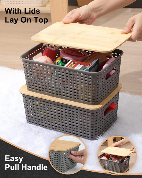 Storage Bins with Bamboo Lids - Set of 6 Lidded Plastic Baskets for Organizing Kitchen, Bedroom, Office, Closet