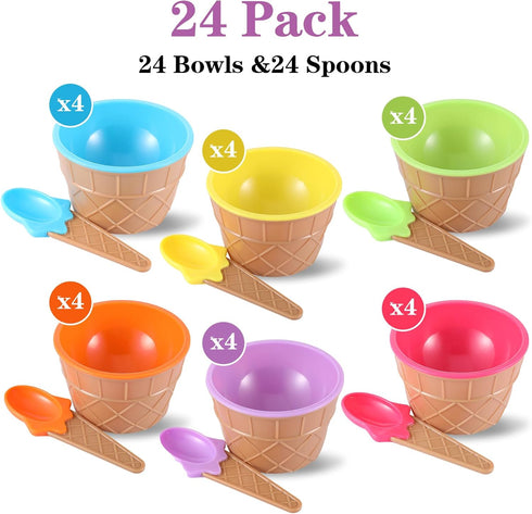 Direct Ice Cream Cups with Spoons/Large Plastic Dish with Spoon/Dessert Sundae Frozen Yogurt Bowls Icecream Cup Party Favors Dishes ice crem kits supplies for kids Set of 24 by Lemecima