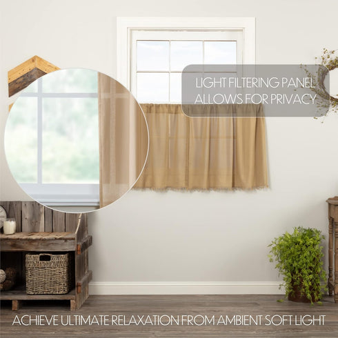 VHC Brands Primitive Farmhouse Kitchen Window Curtains - Tobacco Cloth Fringed Tier Pair, Set 24x36, Khaki Tan