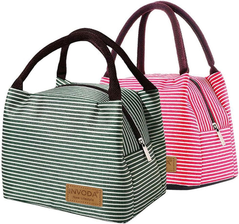 2PCS Reusable Lunch Tote Bags, Portable Insulated Lunch Cooler Bag for Picnic Office Beach (Green+Red)