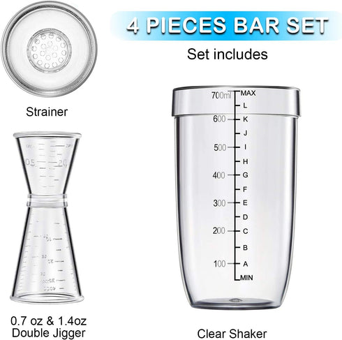 4 pcs Clear Cocktail Shaker Set, 2 pcs Plastic Bar Shaker with 2 pcs Plastic Double Measuring Jigger