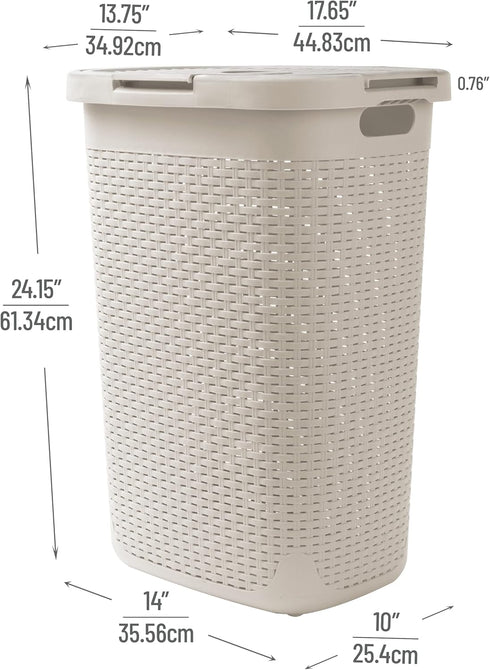 Mind Reader Slim Laundry Hamper with Lid, 60L Wicker Design, 17.65"L x 13.75"W x 24.15"H, Ivory