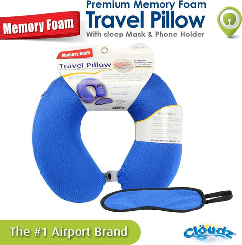 Cloudz Memory Foam Neck Pillow with Sleep Mask, Sporty Blue/Black Plush