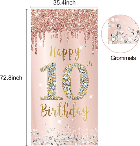 Happy 10th Birthday Door Banner Backdrop Decorations, Pink Rose Gold 10 Year Old Birthday Party Door Cover Sign Supplies