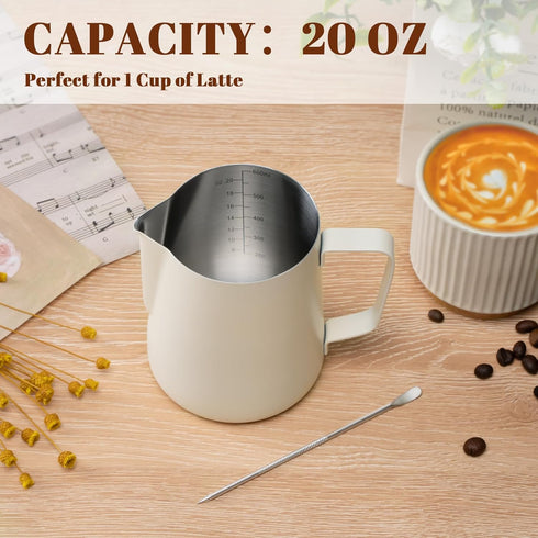 Milk Frothing Pitcher, 20oz Stainless Steel Cup with Clear Scale, Cappuccino Accessories for Barista Coffee Bar