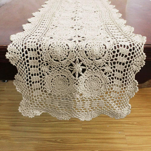 KEPSWET Cotton Handmade Crochet Lace Table Runner, Beige Rectangle, 14x72 inch for Coffee Table Decor
