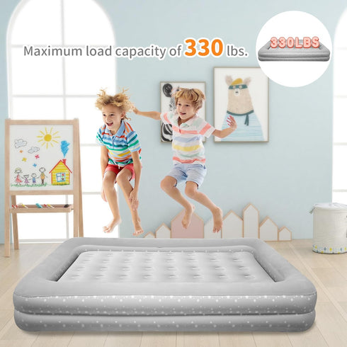 EQURROY 4-7 Air Mattress for Kids Years - Toddler Travel Bed with Built-in Pump, Sides for Safety, Ultra Soft Plush