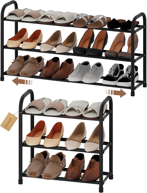 AUGOHCMIL Expandable Shoe Rack, 3-Tier Metal Small Shoe Rack, Adjustable Shoes Organizer, Storage