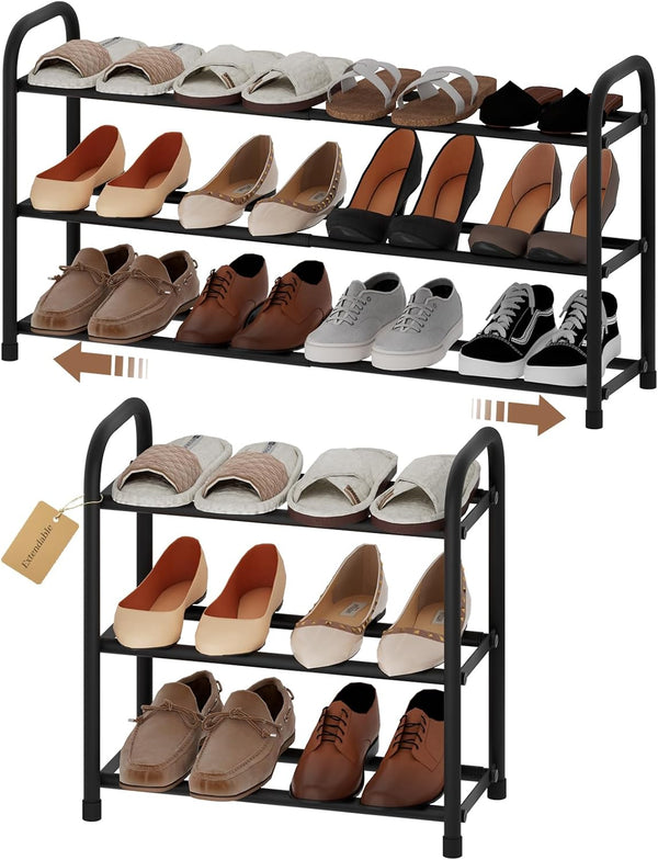AUGOHCMIL Expandable Shoe Rack, 3-Tier Metal Small Shoe Rack, Adjustable Shoes Organizer, Storage
