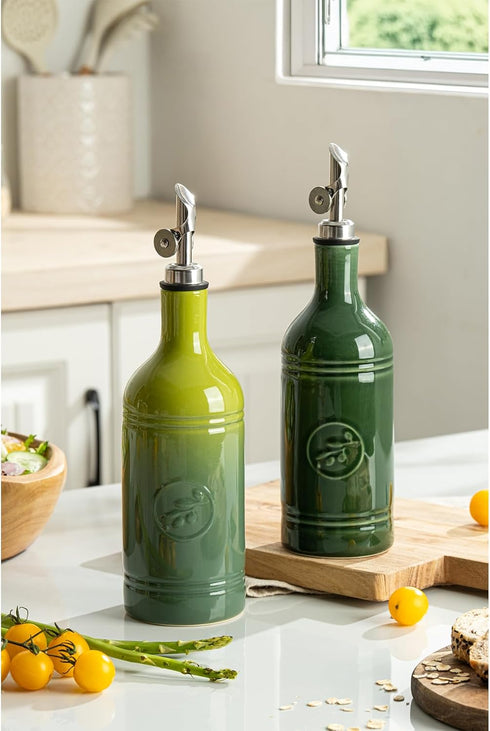 18 oz Pack 1, Olive Oil Dispenser Bottle with Spout, Ceramic Oil Dispensers for Kitchen, Opaque Cruet, EVOO & Vinegar