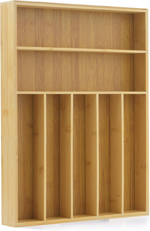 JoyJolt Bamboo Drawer Organizer, 7-Compartment Silverware Organizer for Kitchen, Garage, and Bathroom Utensils