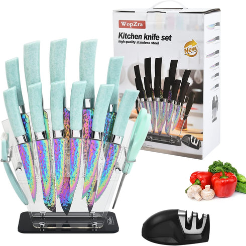 Rainbow Knife Set with Acrylic Block, Kitchen Knives Set, Thick Blade Cutlery for Home & Pro Use, Teal Handle