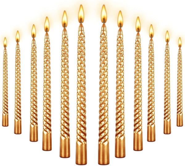 10 Inch Taper Candle Set of 12 - Long Burning Tapered Candles for Dinner Parties, Weddings, and Halloween (25cm, Gold)