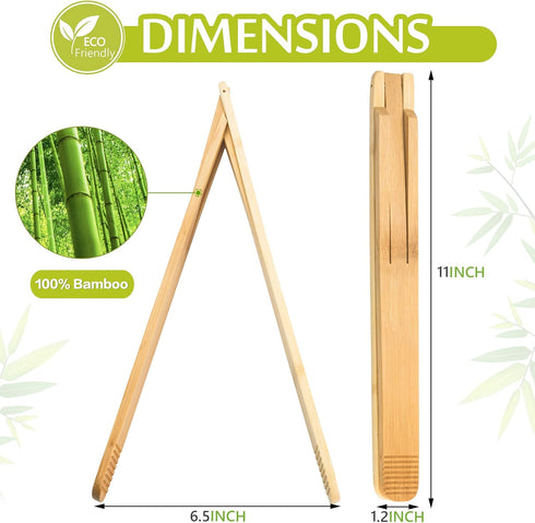 Bamboo Cooking Tongs Set of 2 – 11” Foldable Kitchen Tongs with Non-Scratch Grip for BBQ, Salad, Camping & Serving