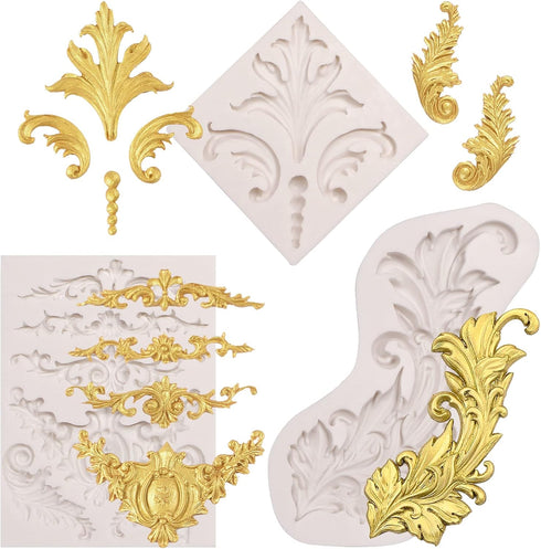 Feather Silicone Molds Baroque Fondant, 3 Pack Lace Scroll Chocolate Molds for Cake Decoration, DIY Baking