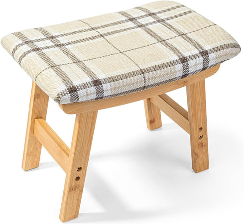 BAMBOO LAND- Bamboo Foot Stools Ottoman, Stripes Beige Cushion & Natural Wood
