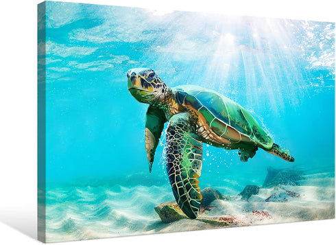 JAPO ART Green Sea Turtle Wall Decor - Tropical Canvas Wall Art Prints, Small Framed Pictures for Home