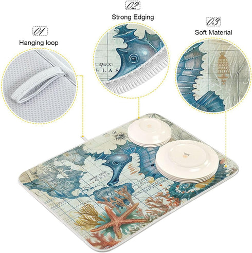 Nautical Ocean Seahorse Dish Drying Mat, 16x18 in Retro Map Microfiber, Absorbent Reversible Kitchen Accessories