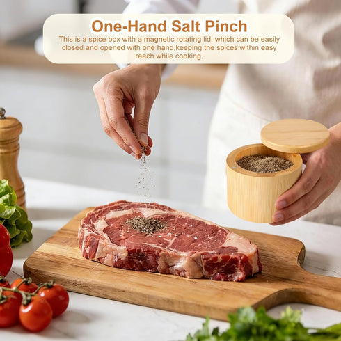 Pniimoo 360 Countertop 6 Oz Salt Holder with Lid, Bamboo Salt Container, Salt Cellar with Swivel Lid for to Store