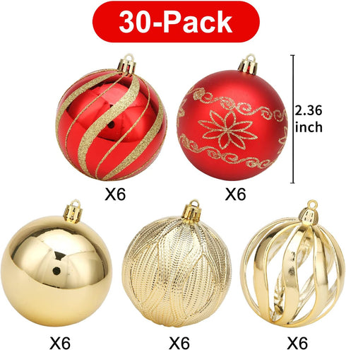 Christmas Ball Ornaments - 30 pcs 2.36" Shatterproof Baubles Set in Red and Gold for Xmas Tree Decorations