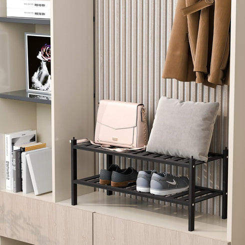 Dranixly 2-Tier Closet, Shoe Rack, Bamboo Stackable Shelf Storage Organizer, Stand for Entryway and Hallway Black