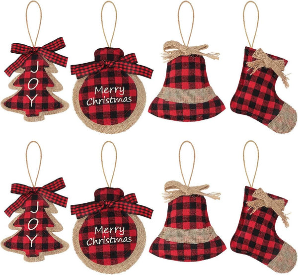 Ivenf Christmas Decorations Indoor Tree Ornaments - 8pcs Red Black Buffalo Plaid Burlap Farmhouse Ornaments for Home
