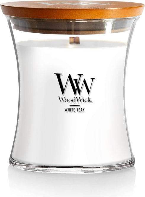 WoodWick Medium Hourglass Candle White Teak Premium Soy Blend Wax Pluswick Innovation Wood Wick Made in USA