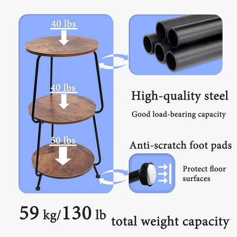 3 Small Round Side Table- Tier End Table with Storage Shelf, Slim Industrial Coffee Table for Small Spaces, Living