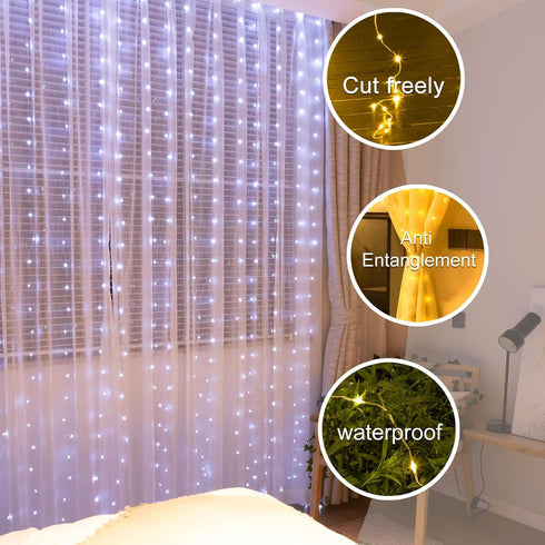 Upgrade 300LED White Curtain Light, 9.8ft x 9.8ft Copper Wire String Lights, USB Plug Hanging Window Fairy Lights