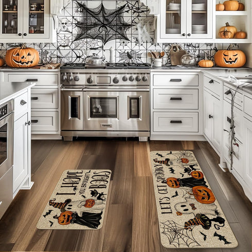Artoid Mode I Hope You Brought Boos Spider Web Pumpkin Halloween Kitchen Mats Set of 2, Low-Profile Black Cat Rugs