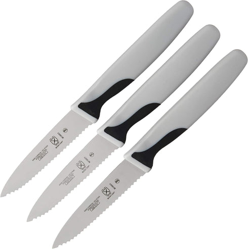 Mercer Culinary M19903 3-Pack Slim Serrated Paring Knives, Black Handle, 3-Inch